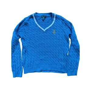Ralph Lauren Large Blue Cable Knit Cricket Sweater Tennis RRL Rugby Polo Crest